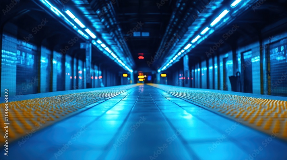 Subway Station Platform with Blue Neon Lights Subway Station Platform with Blue Neon Lights