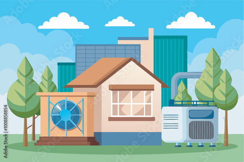 Cartoon brown house with AC unit, trees, and city skyline. Sunny day with clouds. No gas cylinders, generator, or bench present.