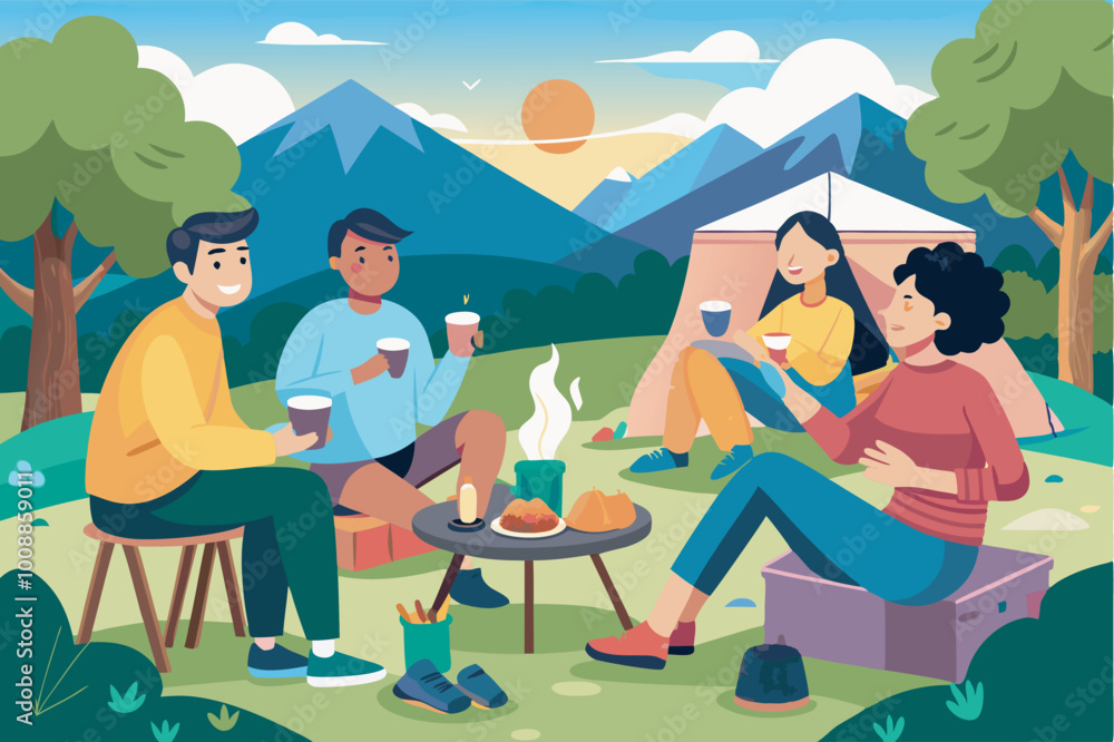 Fototapeta premium Four people dining at a campsite with a small table, campfire, tent, and mountains in the background. Serene, social outdoor gathering.