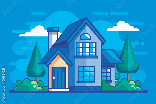 A vibrant image of a colorful house with a blue roof, yellow details, and surrounding trees against a sky-blue backdrop with fluffy clouds.