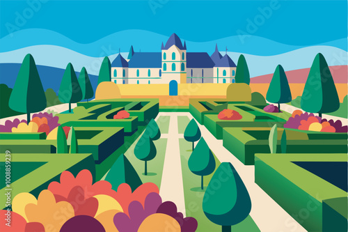 Digital image: grand blue mansion with pointed architecture, garden with rows of trees, colorful flowers, and deep blue sky.