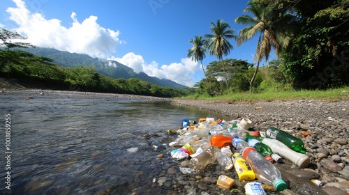 A river clogged with plastic bottles, wrappers, and other trash, with distressed wildlife trying to survive photo