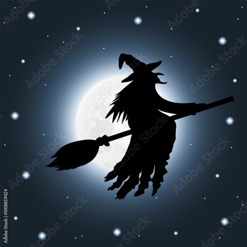 Silhouette of a witch flying on a broomstick.