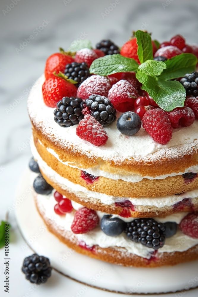Sponge cake with fresh berries, mint on white marble table. Close-up shot of tasty dessert. Berries, mint add natural sweetness to traditional cake. Fresh fruit, whipped cream make this dessert treat. Sponge cake with fresh berries, mint on white marble table. Close-up shot of tasty dessert. Berries, mint add natural sweetness to traditional cake. Fresh fruit, whipped cream make this dessert treat.