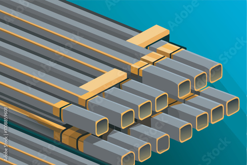 Square metal pipes in silver and gold hues are organized neatly, stacked horizontally and vertically against a blue background, reflecting light for a tranquil scene.