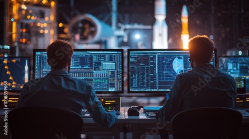 Two engineers are intently overseeing systems in the launch control room, preparing for a significant rocket launch. Their screens display vital data and telemetry