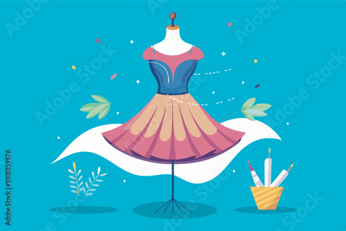 Illustration of a mannequin in a purple bodice and pink skirt on a stand, surrounded by plants and stationery. Background is blue