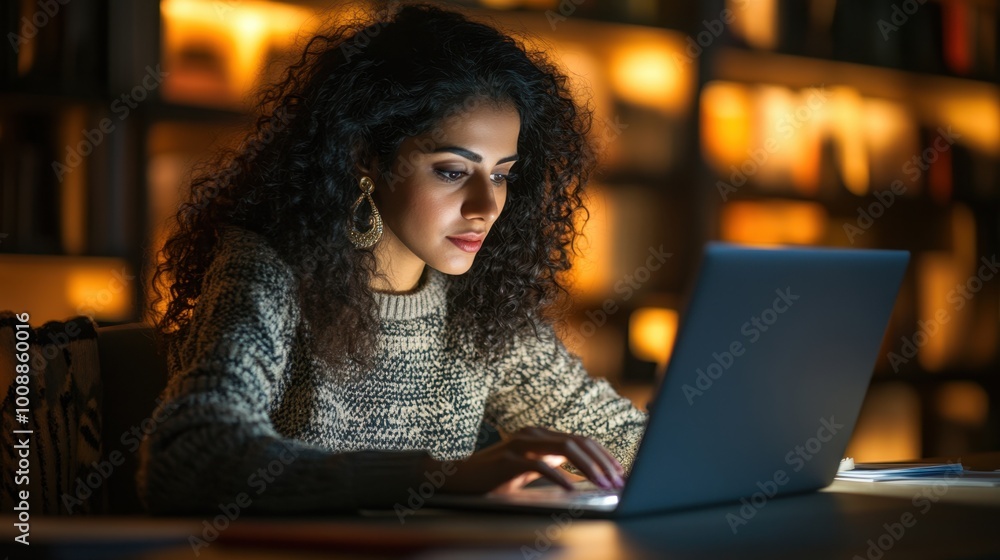 Concentrated Young Woman Working on Laptop in Cozy Library Environment Concentrated Young Woman Working on Laptop in Cozy Library Environment