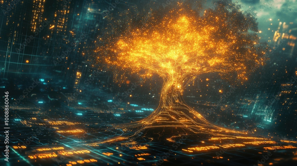 A radiant technology tree with glowing branches resembling wires and data flows, growing in a surreal landscape of glowing grids and digital elements A radiant technology tree with glowing branches resembling wires and data flows, growing in a surreal landscape of glowing grids and digital elements