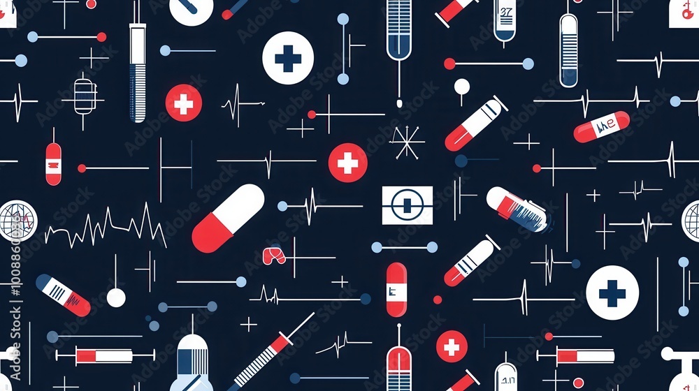 A seamless pattern of medical charts, ECG lines, and syringes with a blue and white theme A seamless pattern of medical charts, ECG lines, and syringes with a blue and white theme