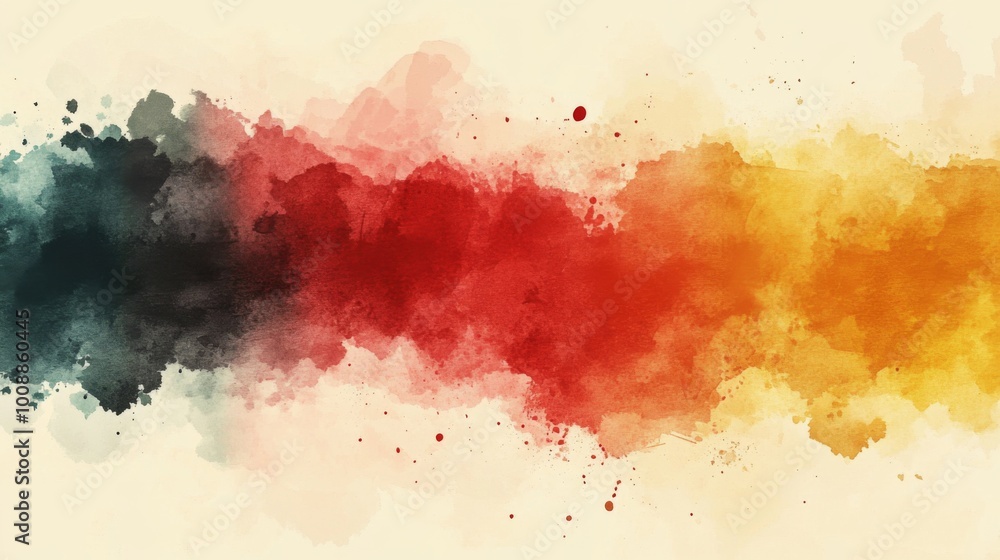 Fototapeta premium Abstract watercolor background with blue, red, and yellow paint splatters on a white background.