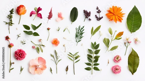 Wallpaper Mural Flower and Leaf Collection - A Vibrant Assortment of Botanical Beauty,This image showcases a diverse collection of flowers and leaves, highlighting their intricate shapes, colors, and textures.  Torontodigital.ca