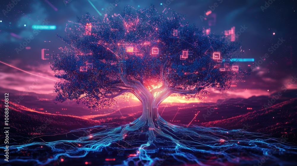 An abstract tree of technology, its branches glowing with digital connections and circuits, set against a surreal landscape with neon lights An abstract tree of technology, its branches glowing with digital connections and circuits, set against a surreal landscape with neon lights