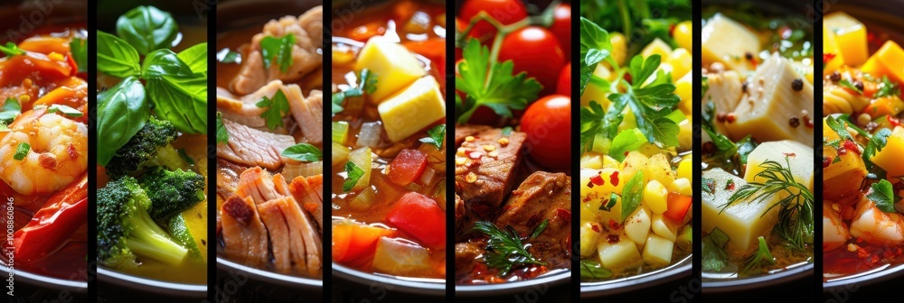 A vibrant assortment of stews and soups featuring a variety of fresh vegetables, meats, and herbs, presented in colorful bowls for a hearty meal.
A vibrant assortment of stews and soups featuring a variety of fresh vegetables, meats, and herbs, presented in colorful bowls for a hearty meal.