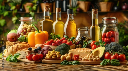 An inviting Mediterranean spread featuring olive oil, fresh vegetables, fruits, bread, and herbs, arranged on a rustic wooden table with vibrant colors.