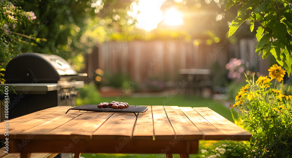 Summer time in backyard garden with grill BBQ, wooden table, blurred background. Summer time in backyard garden with grill BBQ, wooden table, blurred background.
