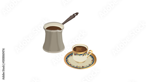 Traditional turkish coffee serve with cezve and small porcelain coffee cup. traditional Turkish coffee pot and cup vector illustration.	