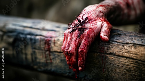 The hands of Jesus are nailed to a wooden cross, showing deep wounds and blood. This powerful depiction symbolizes sacrifice and suffering during crucifixion