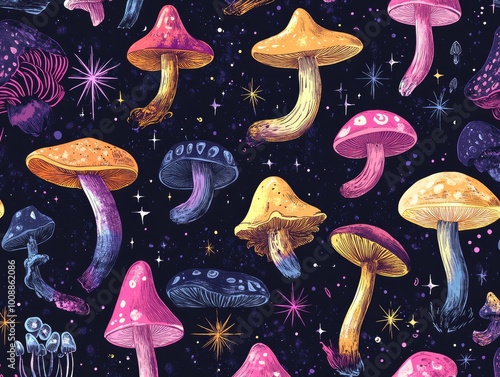 Hand-Drawn Neonpunk Mushroom and Star Pattern in Violet and Black with Mystic Mechanisms photo