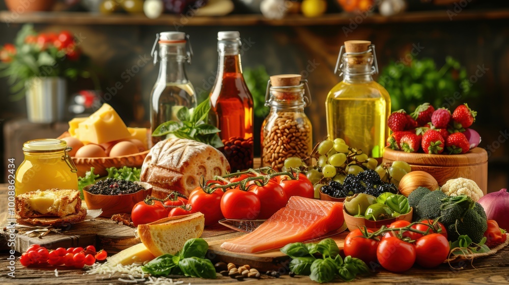 A beautifully arranged Mediterranean-inspired spread featuring fresh produce, oils, and a variety of healthy ingredients on a rustic table.
A beautifully arranged Mediterranean-inspired spread featuring fresh produce, oils, and a variety of healthy ingredients on a rustic table.