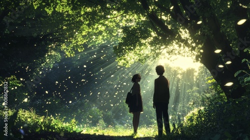 An anime cinematic scene filled with adventure, blending urban and suburban landscapes with elements of fantasy architecture, creating an exciting and visually captivating world