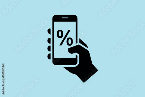 Hand holding cell phone with percentage symbol on screen, technology, finance and statistics concept.