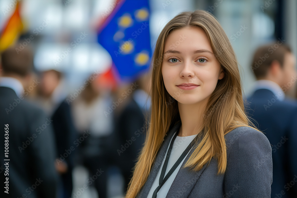 European woman working as a public relations officer at an event, Elegant clothes, Event, Hostess European woman working as a public relations officer at an event, Elegant clothes, Event, Hostess