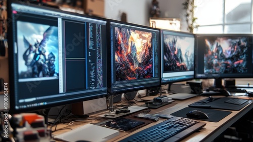 Powerful Gaming Workstation with Multiple Monitors Displaying Vibrant Sci-Fi Imagery