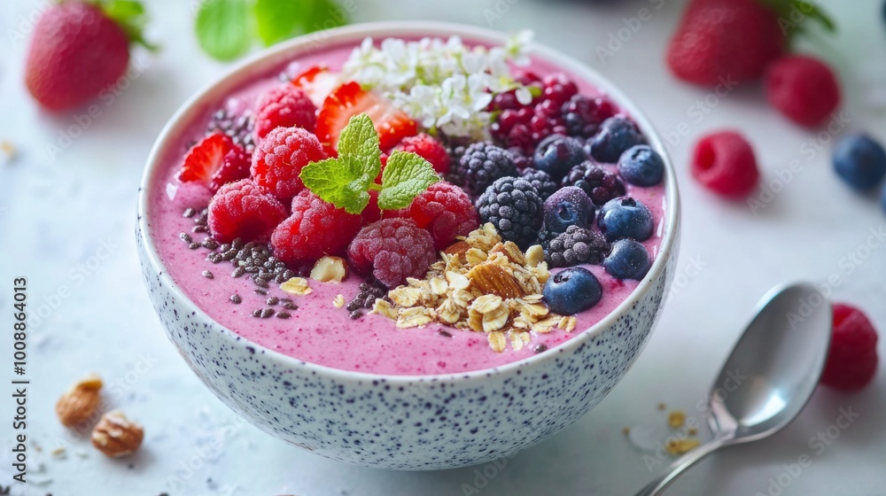 A colorful smoothie bowl topped with fresh berries, nuts, and seeds, showcasing healthy eating and vibrant lifestyle choices. A colorful smoothie bowl topped with fresh berries, nuts, and seeds, showcasing healthy eating and vibrant lifestyle choices.