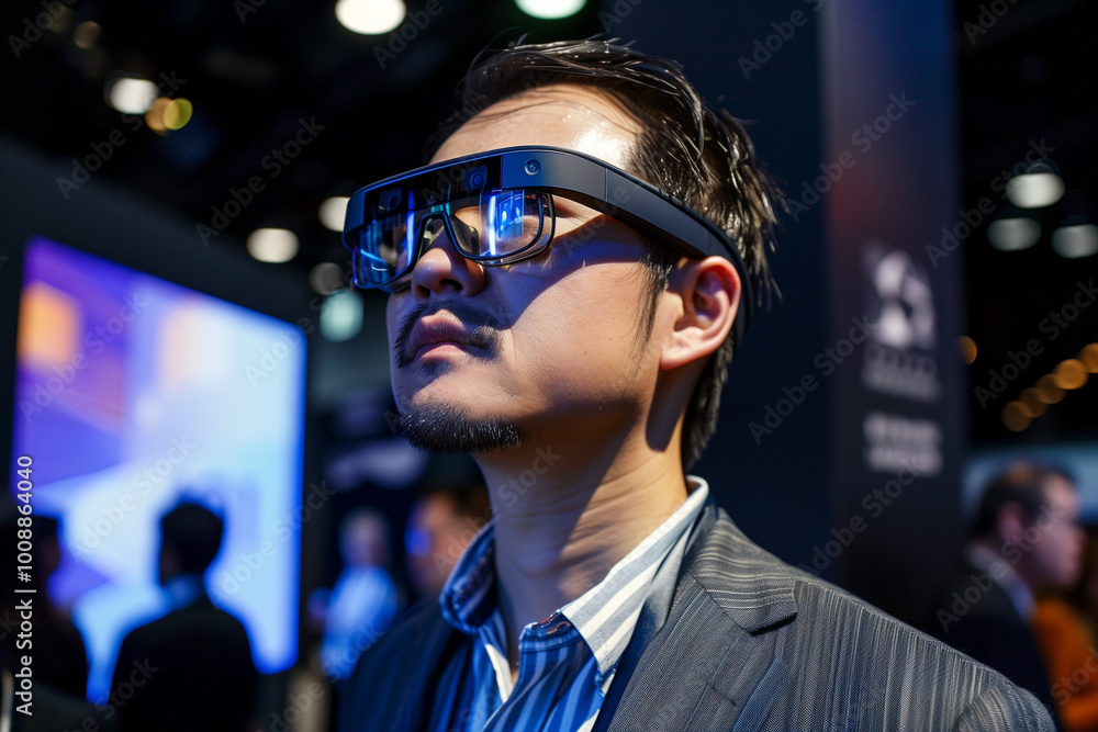 Man in virtual reality headset exploring immersive futuristic digital space, experiencing advanced VR technology. Man in virtual reality headset exploring immersive futuristic digital space, experiencing advanced VR technology.
