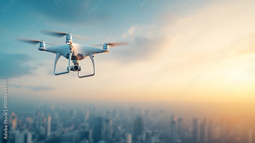 A stunning aerial view of a drone soaring high over a picturesque urban skyline during sunset. Perfect for showcasing modern technology in scenic photography. A stunning aerial view of a drone soaring high over a picturesque urban skyline during sunset. Perfect for showcasing modern technology in scenic photography.