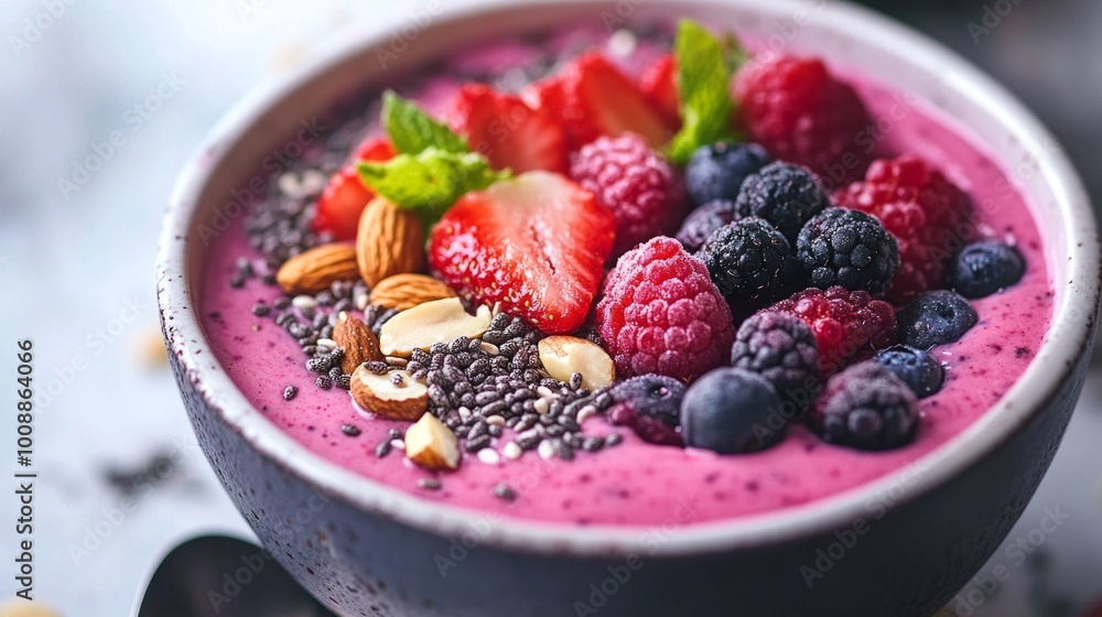 A colorful smoothie bowl topped with fresh berries, nuts, and seeds, showcasing healthy eating and vibrant lifestyle choices. A colorful smoothie bowl topped with fresh berries, nuts, and seeds, showcasing healthy eating and vibrant lifestyle choices.