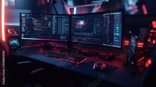 Futuristic Dual-Monitor Gaming Setup with Glowing Peripherals