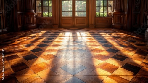 elegant wooden parquet flooring with intricate arabesque patterns bathed in warm natural light showcasing craftsmanship and artistic beauty in a luxurious setting