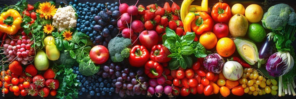 A colorful selection of fresh fruits and vegetables, including grapes, tomatoes, and peppers, beautifully displayed for a vibrant and nutritious food arrangement.
A colorful selection of fresh fruits and vegetables, including grapes, tomatoes, and peppers, beautifully displayed for a vibrant and nutritious food arrangement.