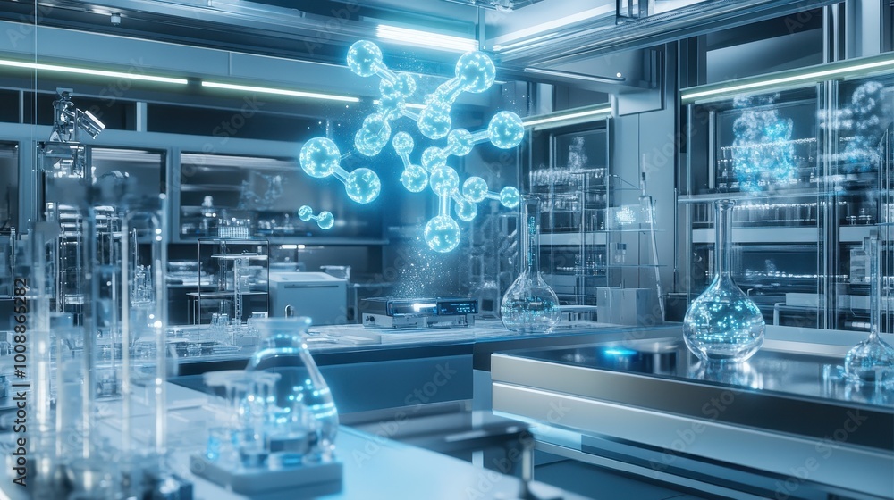 Futuristic Science Laboratory with Holographic Molecules Futuristic Science Laboratory with Holographic Molecules