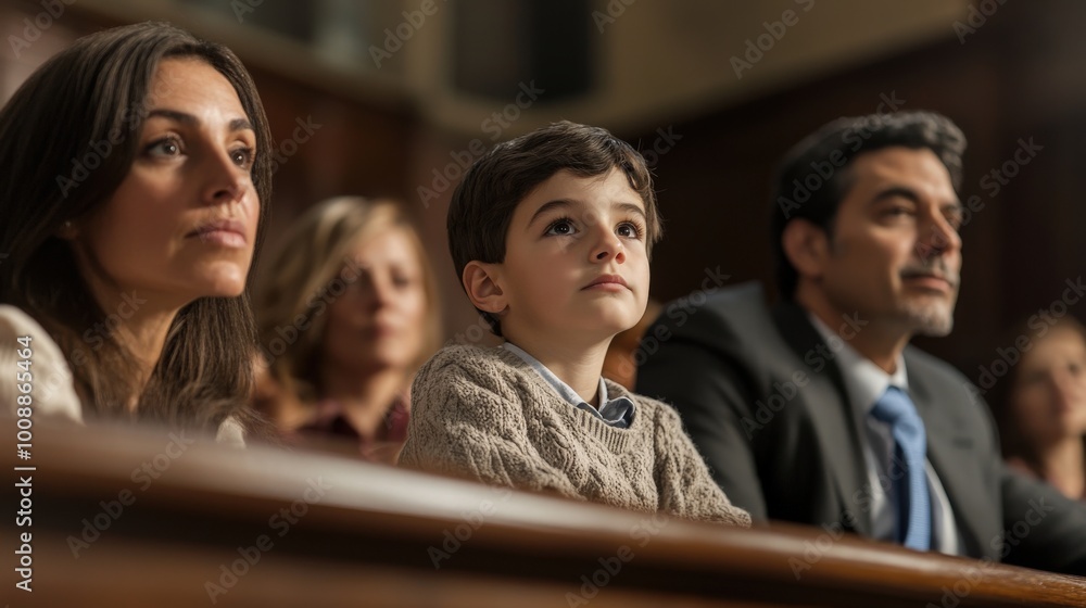 In a tense courtroom, a young boy sits among his worried parents, who are visibly anxious as they attentively watch their child face the judge In a tense courtroom, a young boy sits among his worried parents, who are visibly anxious as they attentively watch their child face the judge