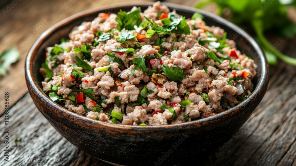 Fresh Herb and Meat Mixture in Rustic Bowl Fresh Herb and Meat Mixture in Rustic Bowl