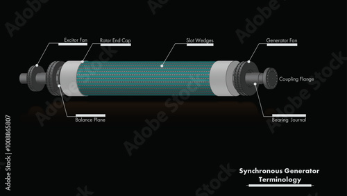 Illustration showing a 2 pole synchronous generator rotor in isometric view with labels for the end caps, bearing journals, fans, and wedges