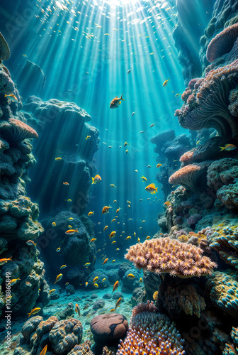 Tropical sea underwater fish on coral reef.