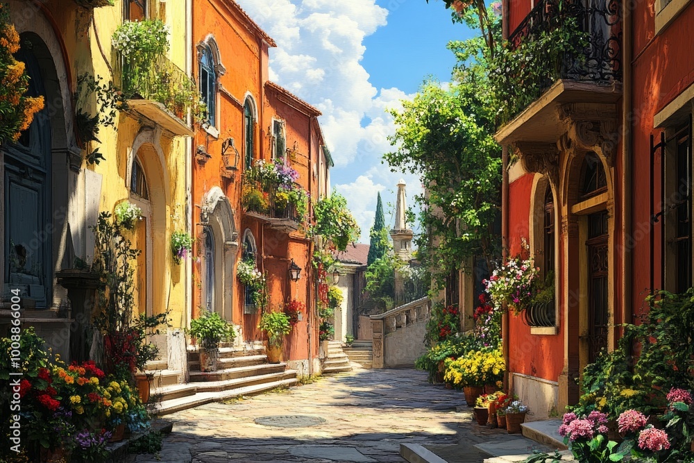 Obraz premium An anime cinematic scene filled with adventure, blending urban and suburban landscapes with elements of fantasy architecture, creating an exciting and visually captivating world