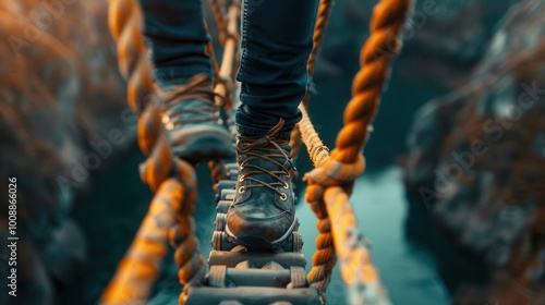 Bungee jumping over a canyon, thrilling and dynamic, Sport, Cool tones, Photograph, Extreme adventure