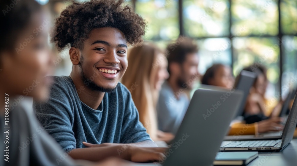 A diverse group of students engaged in an online lesson, using laptops and video conferencing to study remotely, highlighting modern education. A diverse group of students engaged in an online lesson, using laptops and video conferencing to study remotely, highlighting modern education.
