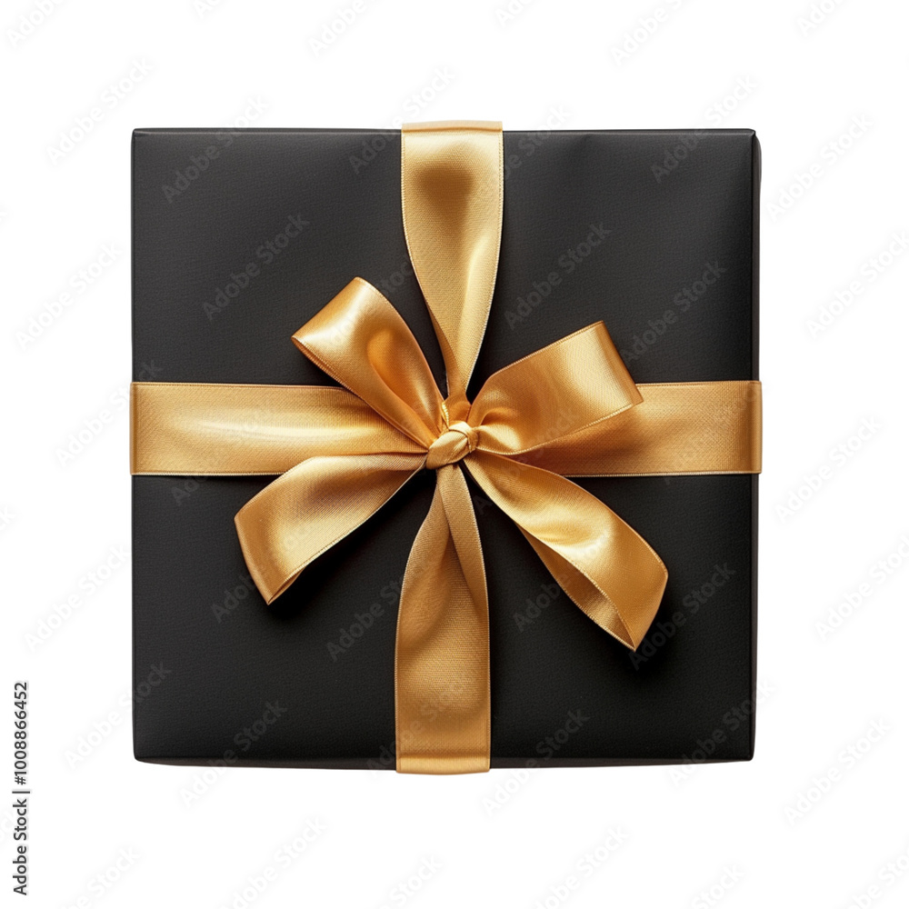 Black gift box with golden ribbon isolated on the background. Top view gift box on a transparent background. Black friday. Generative AI. Black gift box with golden ribbon isolated on the background. Top view gift box on a transparent background. Black friday. Generative AI.