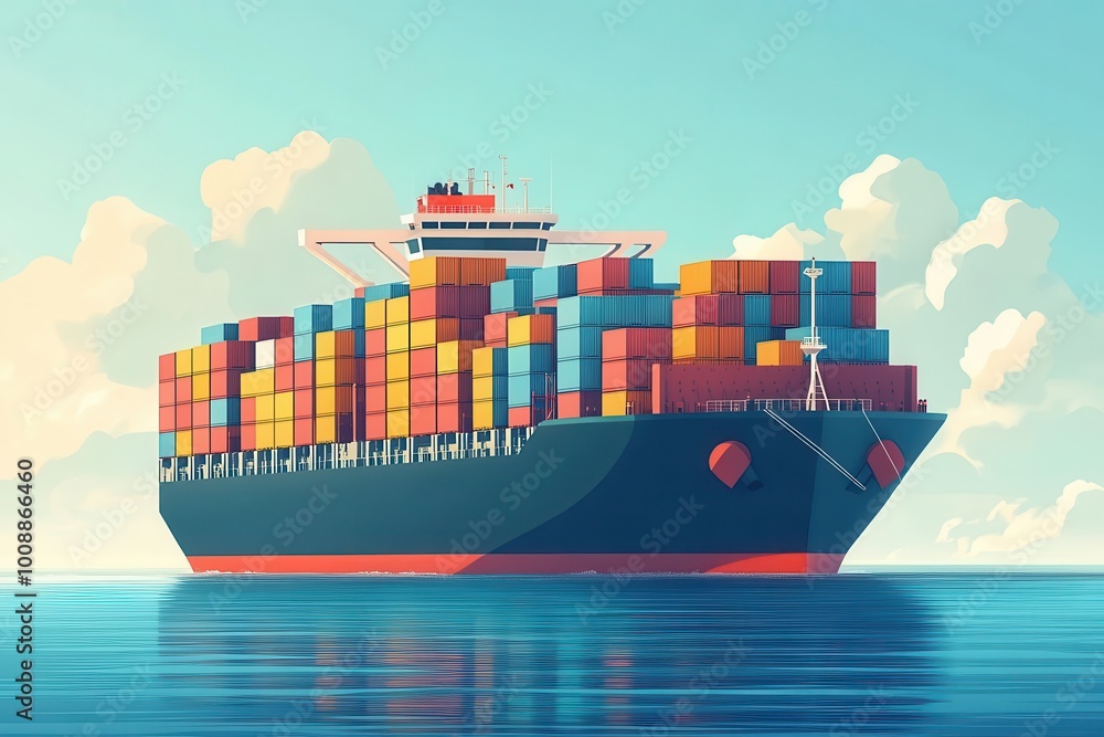 Obraz premium A colorful cargo ship sailing on calm waters, showcasing vibrant shipping containers against a clear sky.