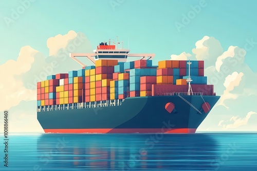 A colorful cargo ship sailing on calm waters, showcasing vibrant shipping containers against a clear sky.