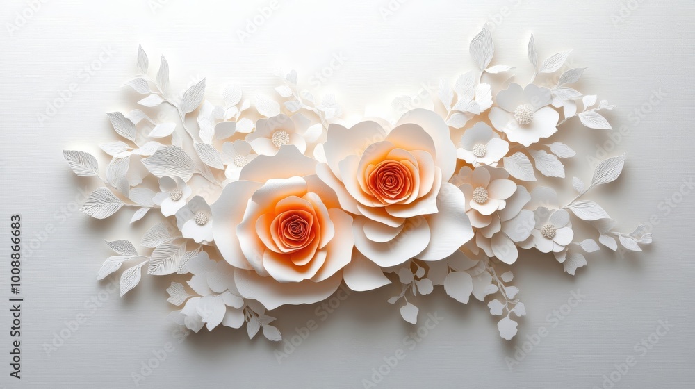 White Paper Flowers Bouquet with Orange Center on Beige Background White Paper Flowers Bouquet with Orange Center on Beige Background