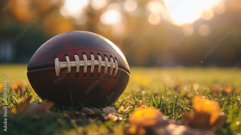 A close-up of a football resting on the grass surrounded by fallen autumn leaves in the golden hour A close-up of a football resting on the grass surrounded by fallen autumn leaves in the golden hour