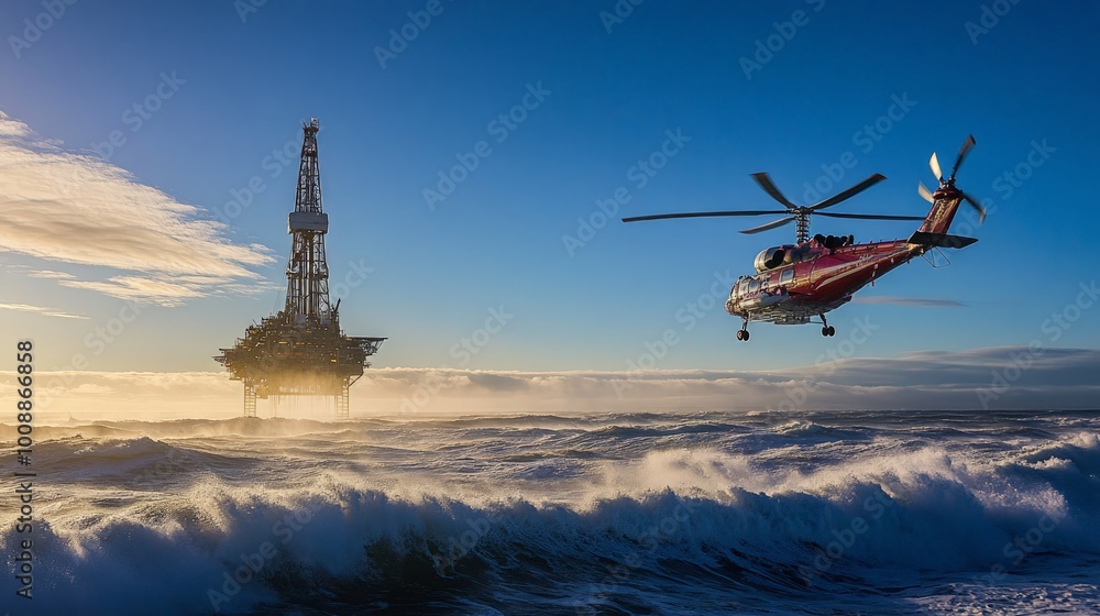 Fototapeta premium Helicopter landing on an offshore oil rig, dynamic waves below, and a clear blue sky stretching into the distance