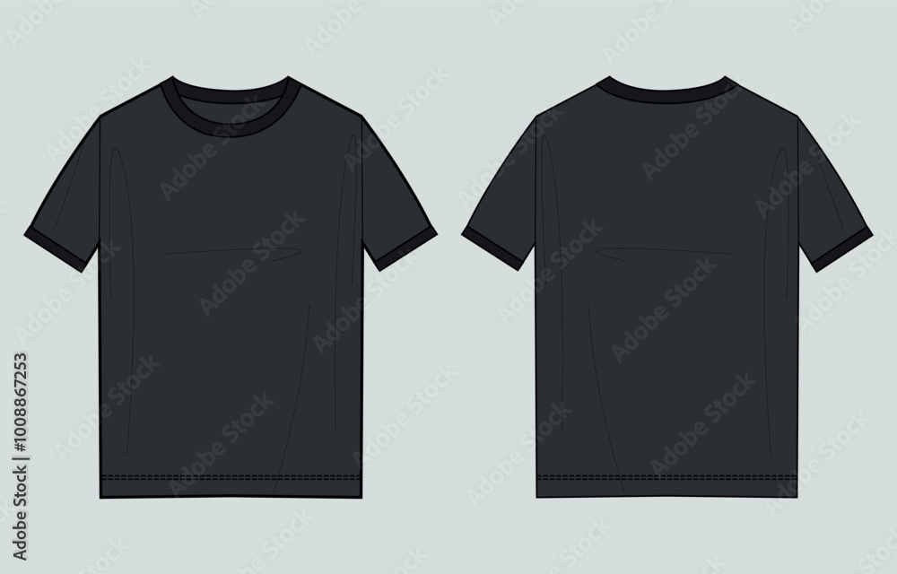 Short sleeve T Shirt technical drawing fashion flat sketch vector illustration black color template front and back views Short sleeve T Shirt technical drawing fashion flat sketch vector illustration black color template front and back views